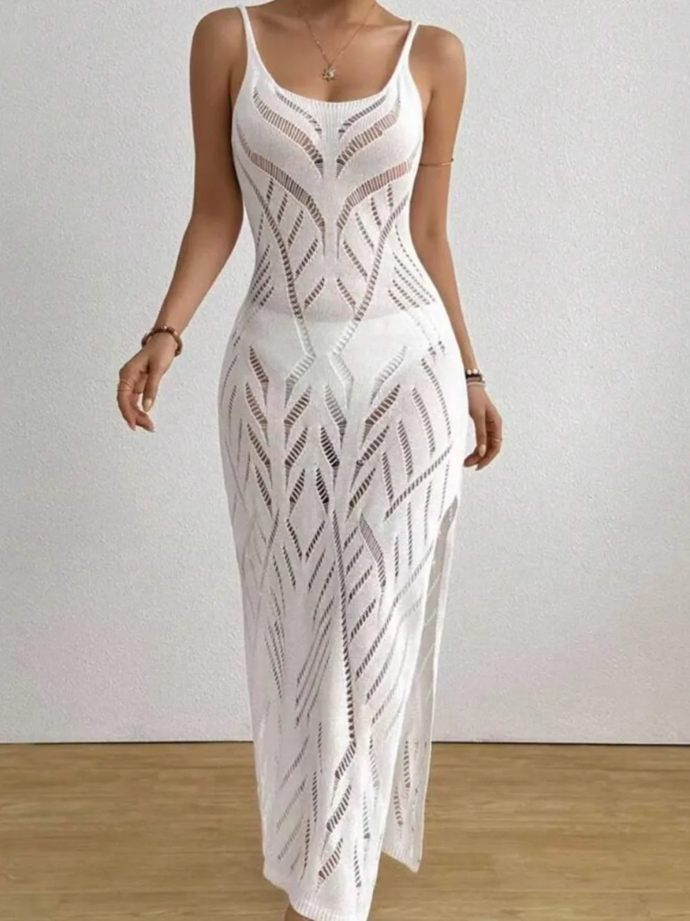 White Knit V-Neck Midi Dress - Picture 6 of 7